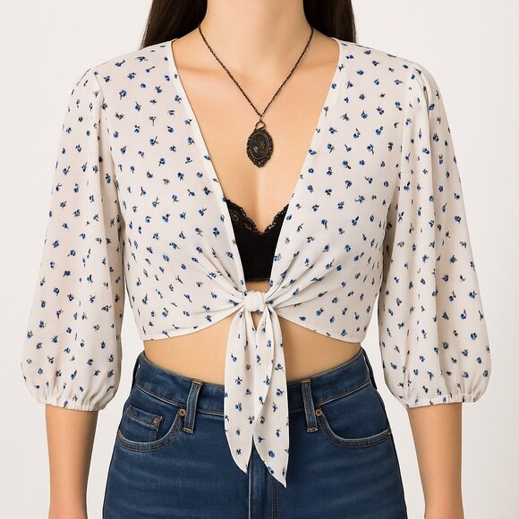 Windsor Sheer Tie Front Blouse M White Blue Floral Crop Top Boho Festival - Picture 1 of 14